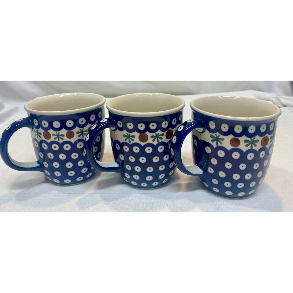 3 Polish Pottery MUG Boleslawiec Blue White Dots Green Mosquito Print Cup